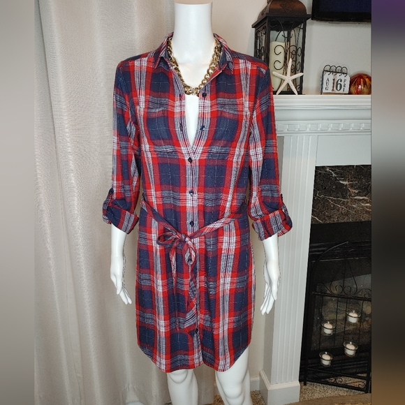 BANANA REPUBLIC PLAID FLANNEL BELTED SHIRT DRESS, PLAID RED 4 - Picture 3 of 12